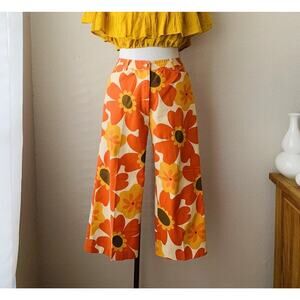 Vintage Psychedelic Groovy Floral Orange Wide Leg Cropped Capri Hippie Pants S/M